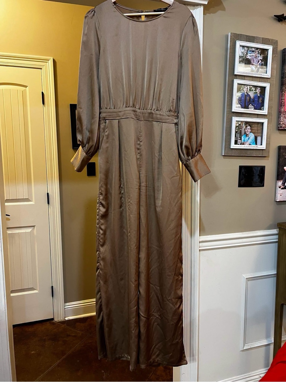 Elegant Long Sleeve Satin Maxi jumpsuit in Taupe